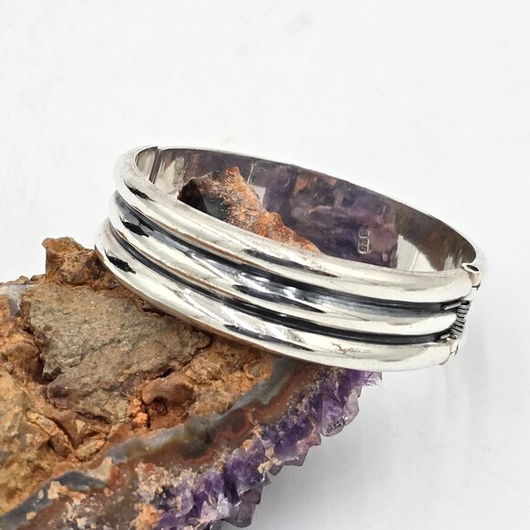 925 Sterling Silver Ribbed Hinged Clamper Bangle Bracelet Modernist Jewelry 51g - Picture 7 of 14